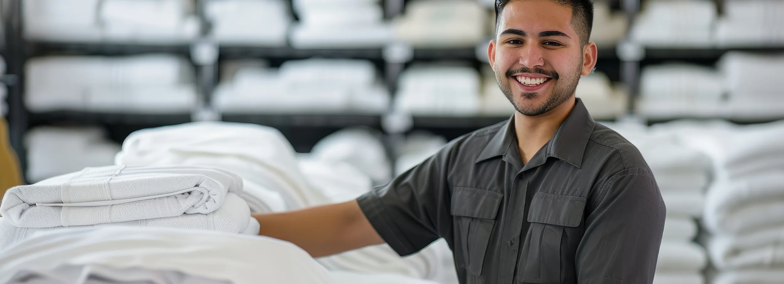 Smiling employee with clean stack of linens