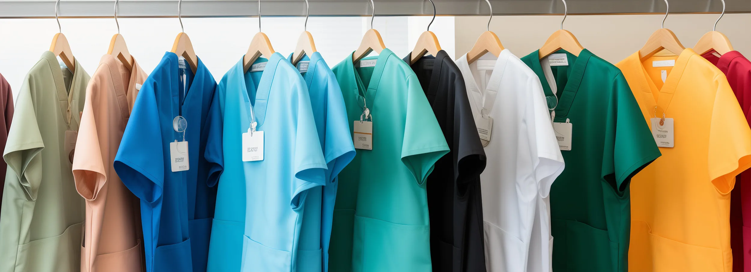 Clean, colorful scrubs on hangers